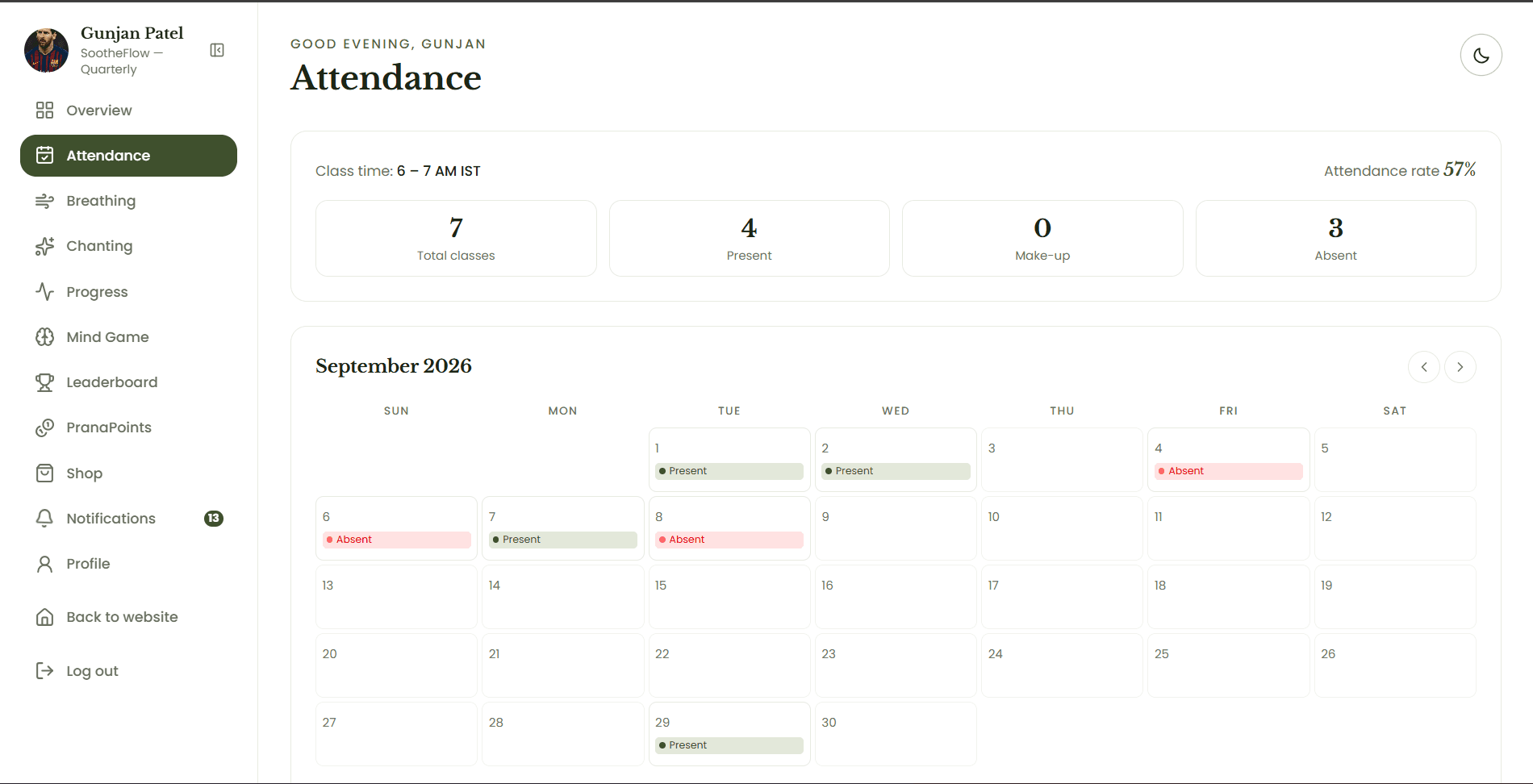 Attendance screen of the Devine Yoga Online sadhna dashboard
