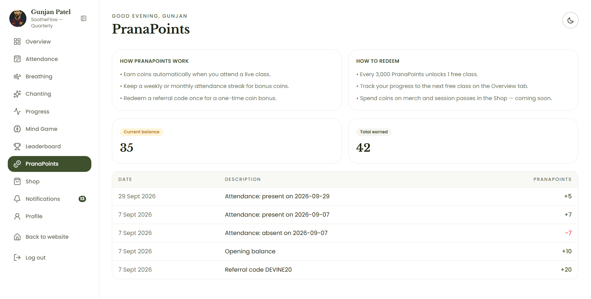PranaPoints and rewards screen of the Devine Yoga Online sadhna dashboard