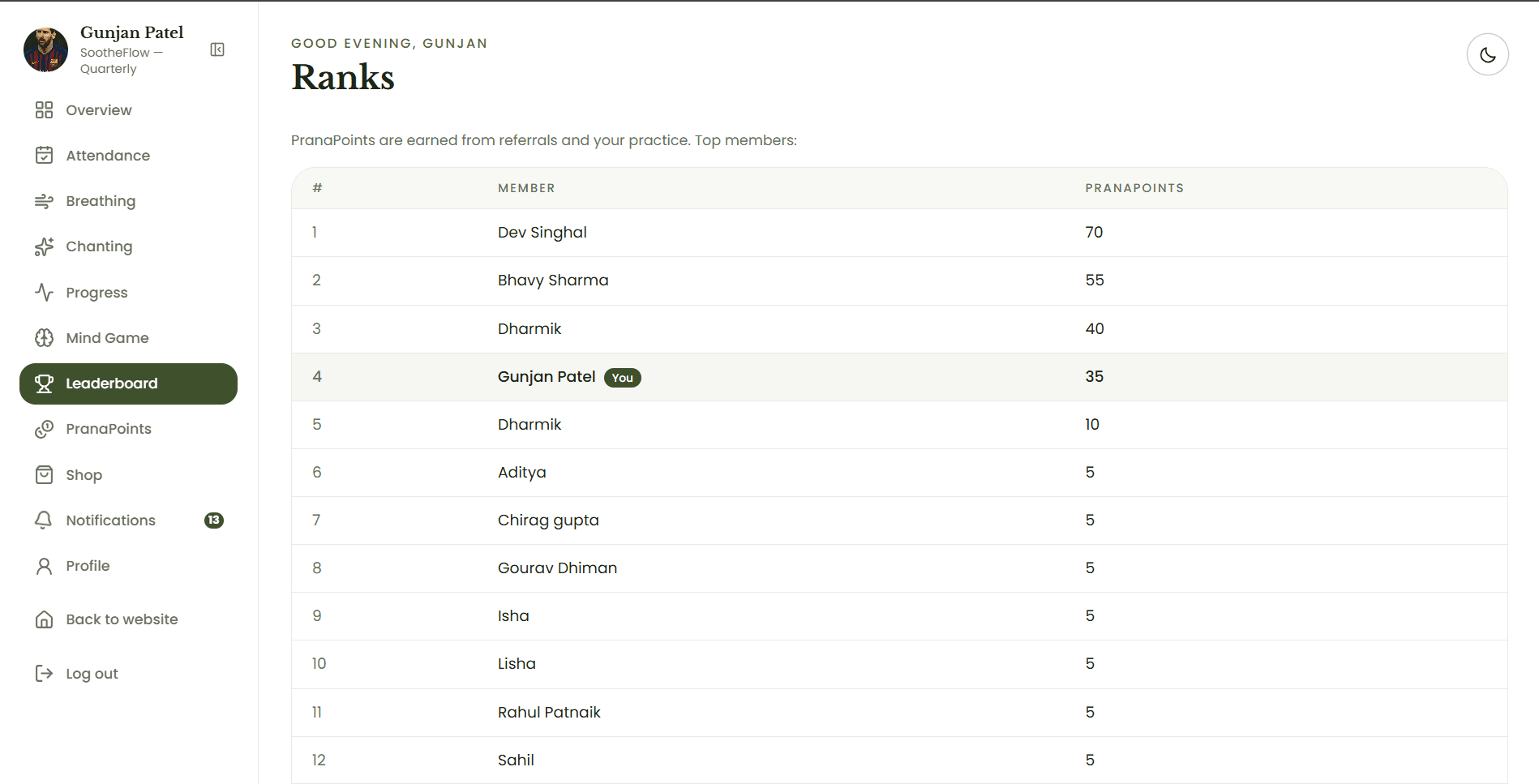 Leaderboard screen of the Devine Yoga Online sadhna dashboard