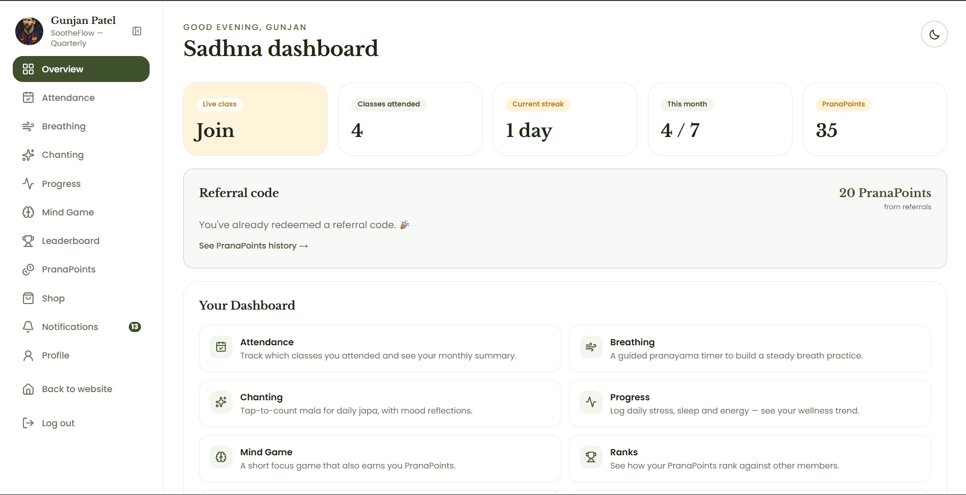 Overview screen of the Devine Yoga Online sadhna dashboard