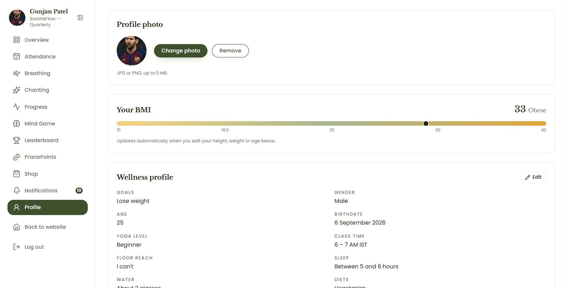 Profile and health screen of the Devine Yoga Online sadhna dashboard